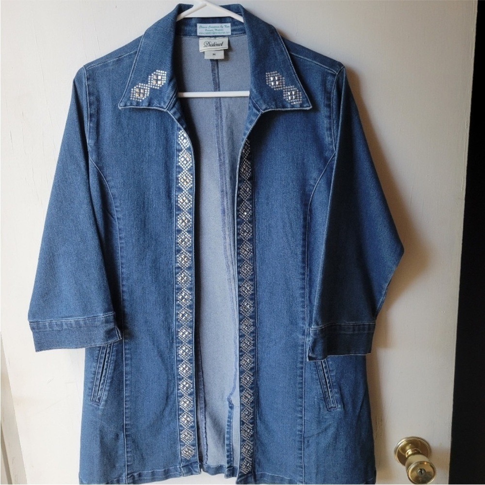 EUC Distinct Classic denim open jacket M urgly Diamond Embellished  Boho Office‎